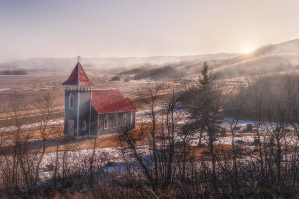 Little Church in the Valley near Craven with fog and morning light