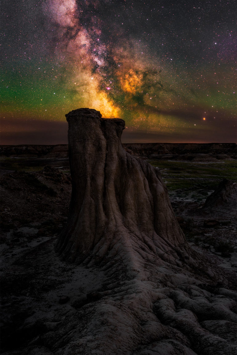 An Avonlea, Saskatchewan hoodoo with the milky way behind