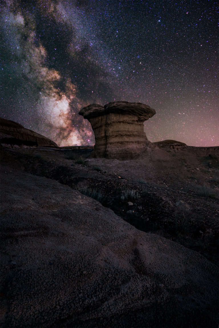 A hoodoo in Avonlea, Saskatchewan with the milky way over it