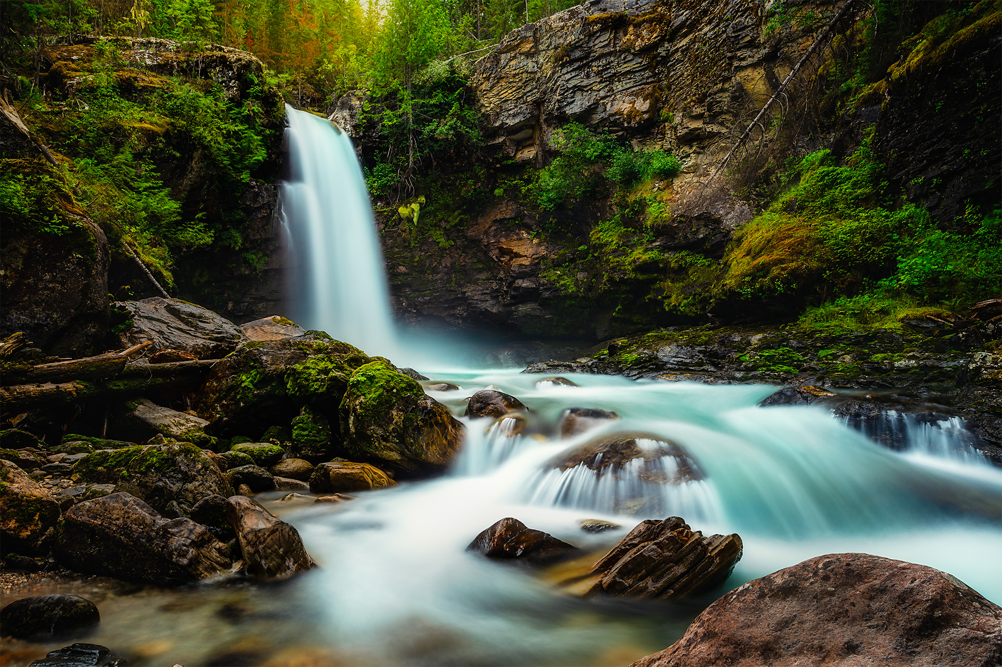 A landscape photograph of Sutherland Falls in British Columbia.