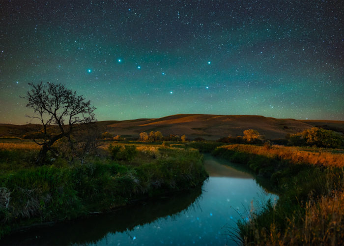 A night photograph of the constellation Ursa Major or the Big Dipper shines brightly over a Saskatchewan river with a tree in fall