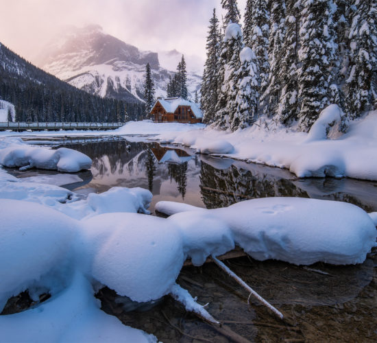 Landscape Photography at Emerald Lake, BC. The light hits the peaks behind the lodge