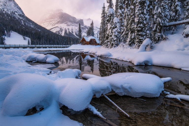 Landscape Photography at Emerald Lake, BC. The light hits the peaks behind the lodge