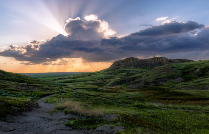 Landscape Photography of a sun burst in Grasslands National Park, Saskatchewan