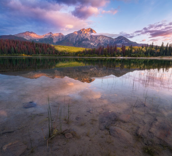 Landscape Photography of Pyramid Mountain and Patricia Lake in Jasper National Park at sunrise