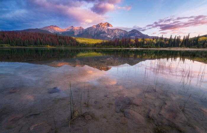 Landscape Photography of Pyramid Mountain and Patricia Lake in Jasper National Park at sunrise