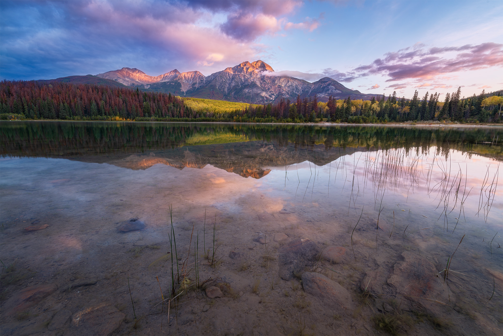 Landscape Photography of Pyramid Mountain and Patricia Lake in Jasper National Park at sunrise