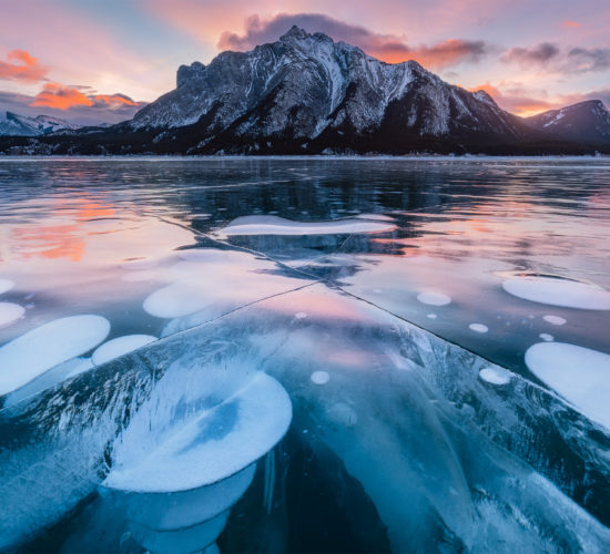 A landscape photograph of methane bubbles on abraham lake during sunrise in the winter