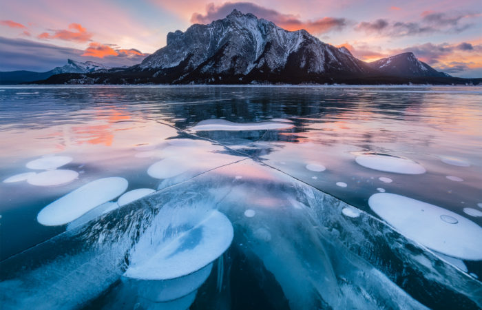 A landscape photograph of methane bubbles on abraham lake during sunrise in the winter