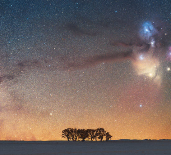 Deepscape Night photography of the Rho Ophiuchi cloud complex rising over some Saskatchewan trees