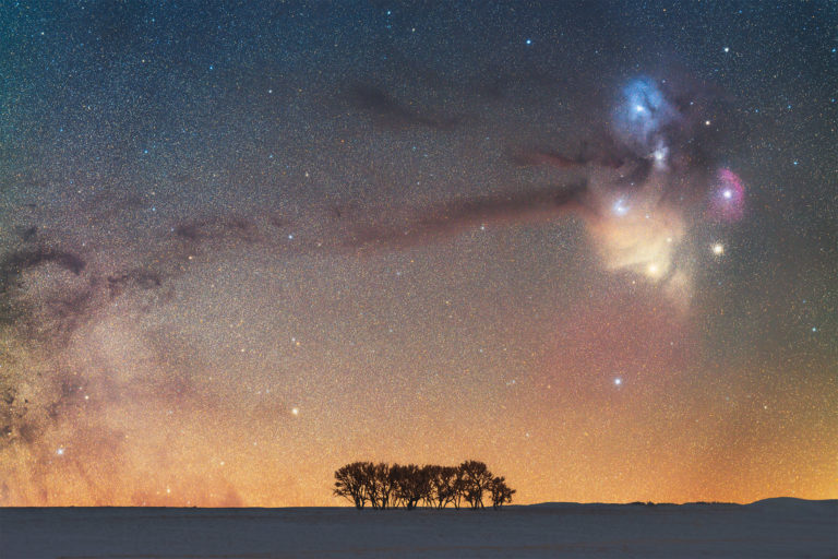 Night photography of the Rho Ophiuchi cloud complex rising over some Saskatchewan trees