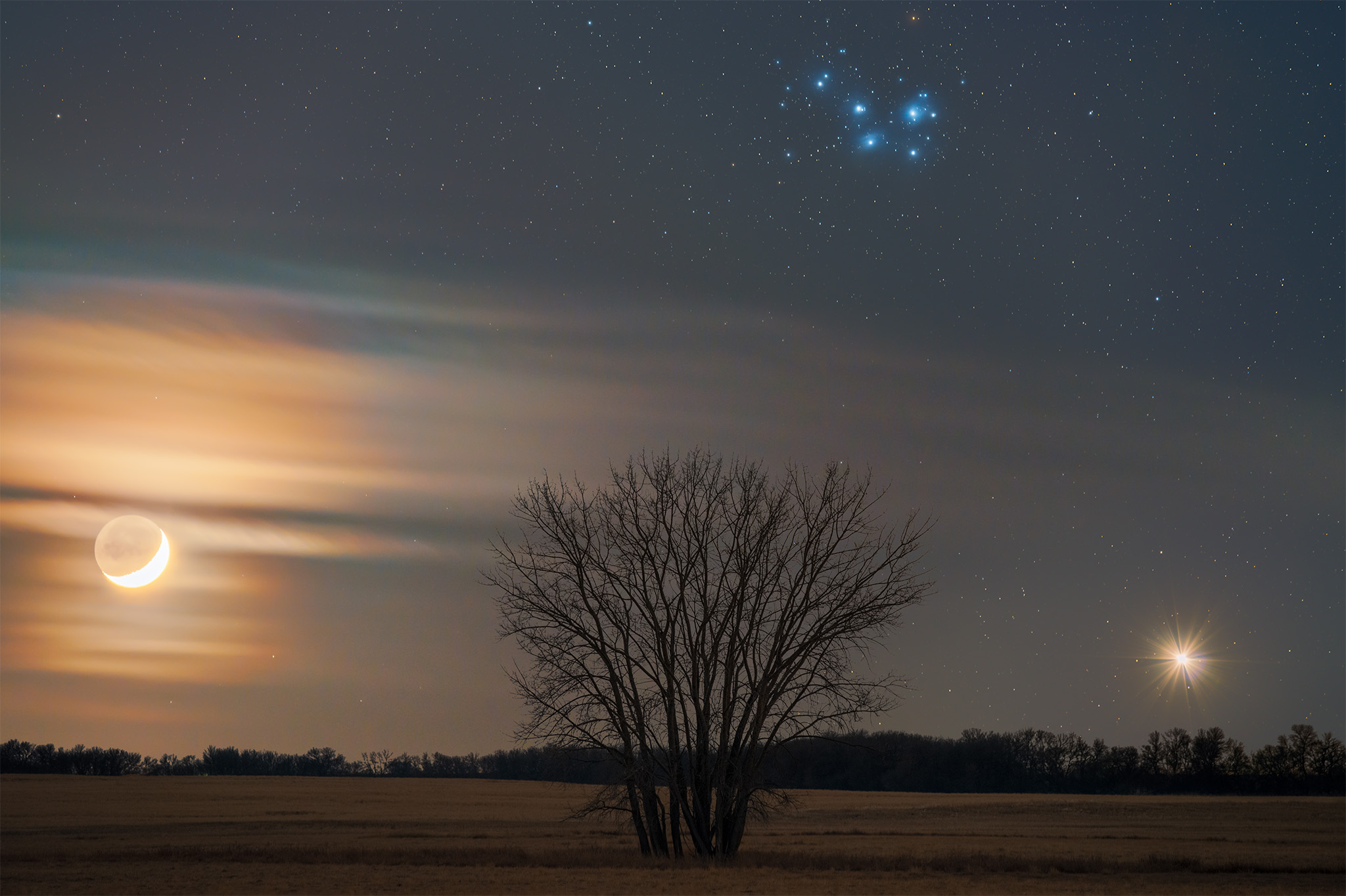 An astrophoto of the conjunction of the moon, Venus, and the Pleiades over the Saskatchewan landscape