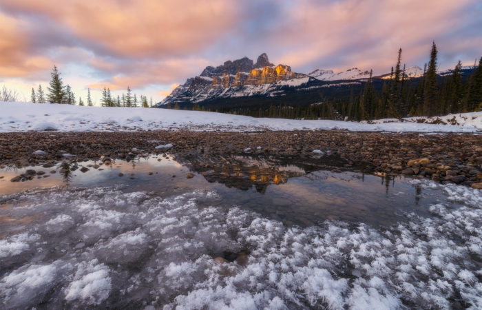Sunset photograph at Castle Mountain featuring some frost flowers on ice and a reflecting pond