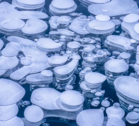 An intimate landscape photograph of ice bubbles on lake Minnewanka