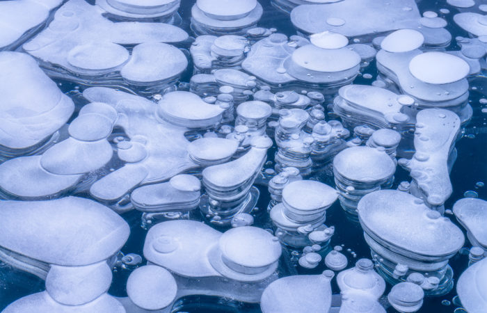 An intimate landscape photograph of ice bubbles on lake Minnewanka