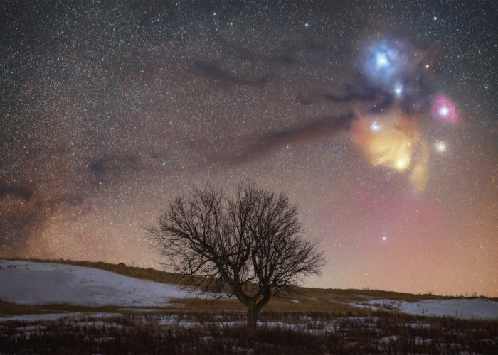 A deepscape night photograph of the Rho Ophiuchi Complex rising along the Saskatchewan horizon