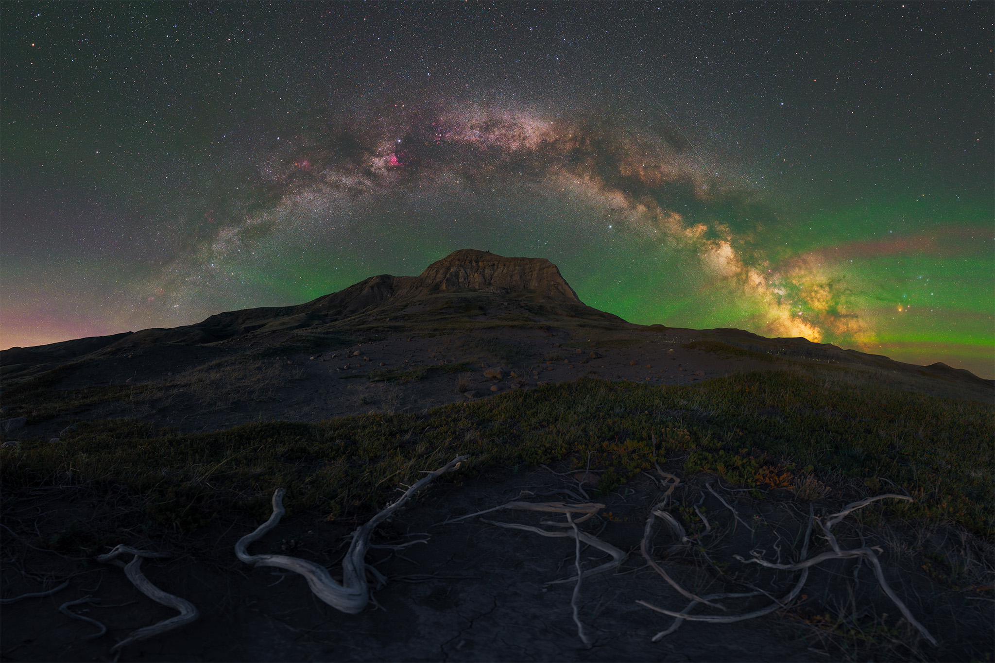 A milky way panorama in Grasslands National Park in southwest Saskatchewan