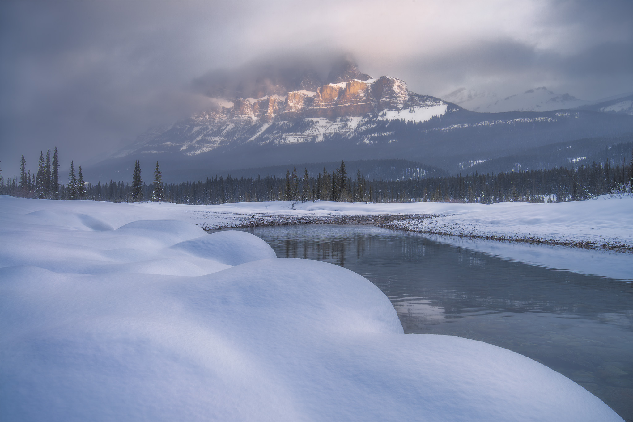 A landscape photograph of Castle Mountain in the Canadian Rockies