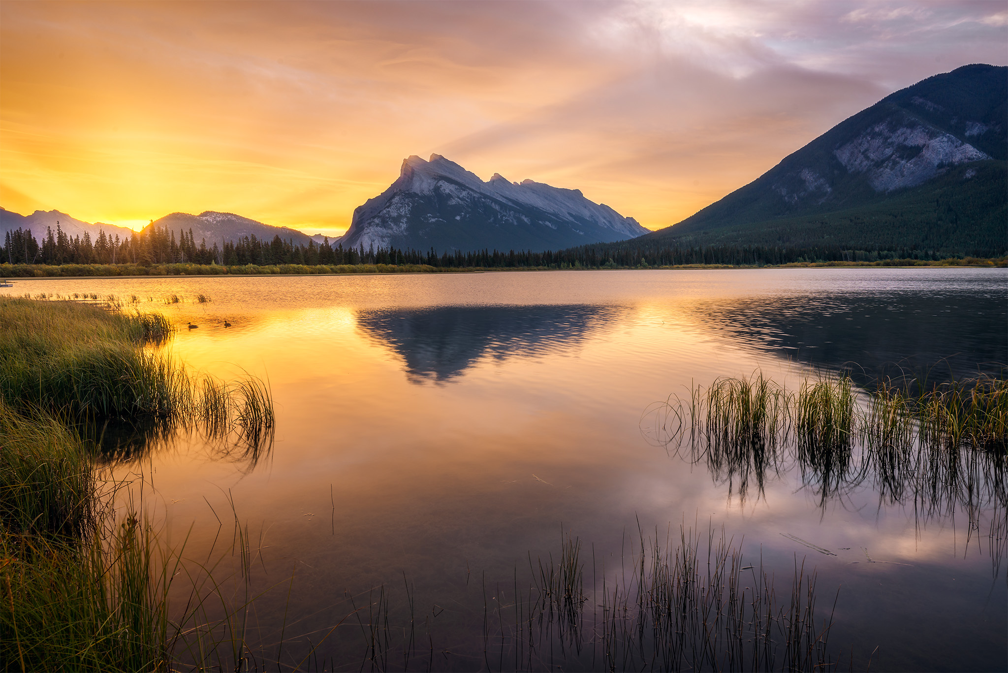 A landscape photograph of Vermilion Lakes in Banff National Park at sunrise