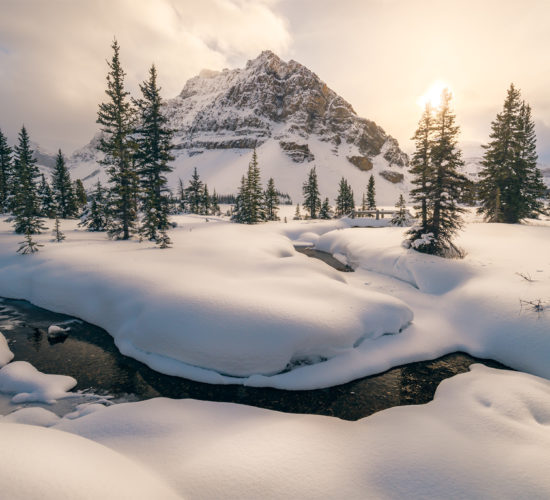 A landscape photograph of Bow Lake along the Icefields Parkway in the winter