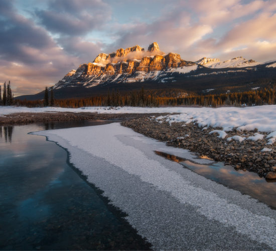 Castle Mountain at sunrise in the winter in Banff National Park