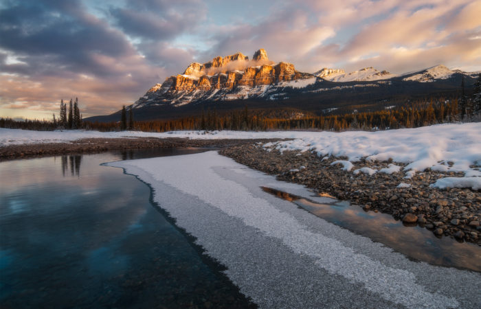 Castle Mountain at sunrise in the winter in Banff National Park