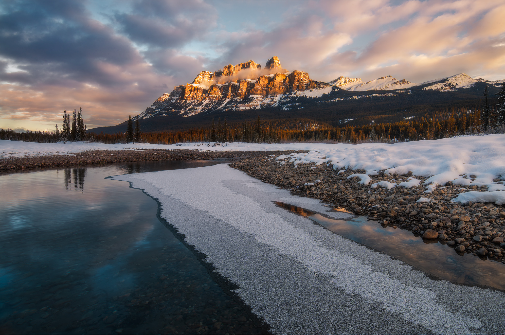 Castle Mountain at sunrise in the winter in Banff National Park