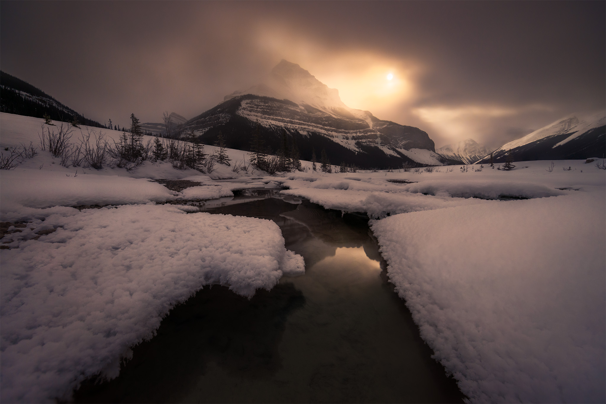 A landscape photograph of Tangle Ridge in Jasper National Park of the moon shining on a winter landscape