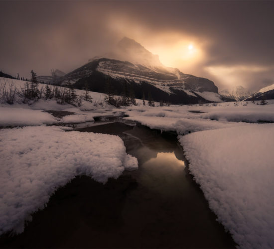 A landscape photograph of Tangle Ridge in Jasper National Park of the moon shining on a winter landscape