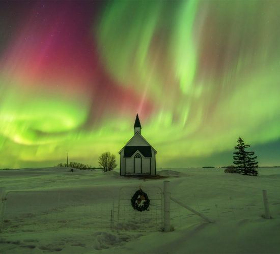 An aurora storm witnessed at Foxeleigh Church in Saskatchewan