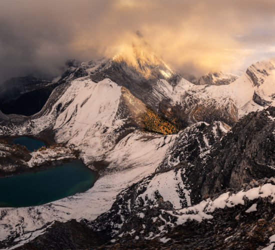 A landscape photograph of Mount Smutwood in the Canadian Rockies at sunset