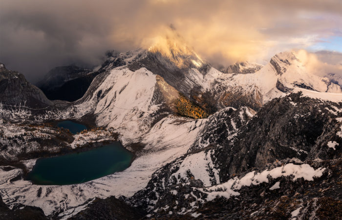 A landscape photograph of Mount Smutwood in the Canadian Rockies at sunset