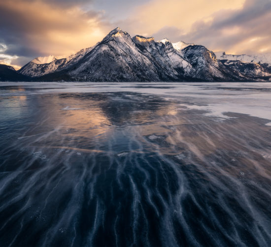 A landscape photograph of Lake Minnewanka in Banff National park