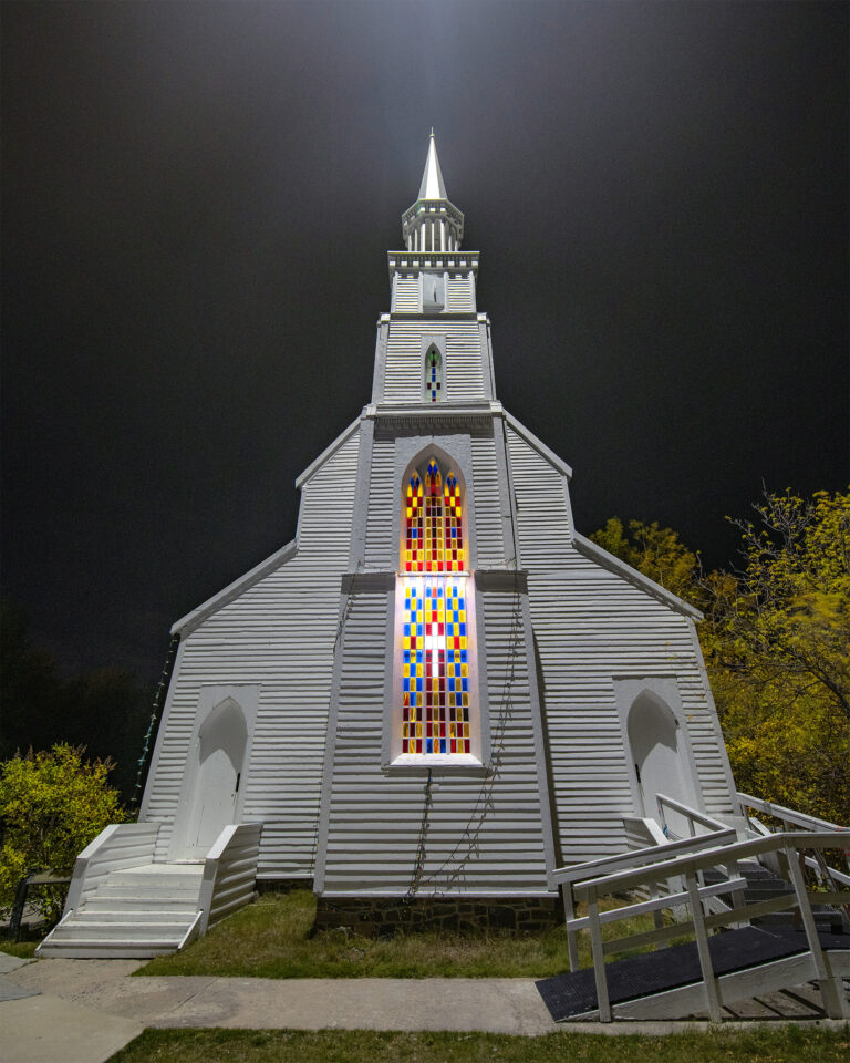 A night photograph of Saskatchewan's oldest building, Holy Trinity Anglican Church