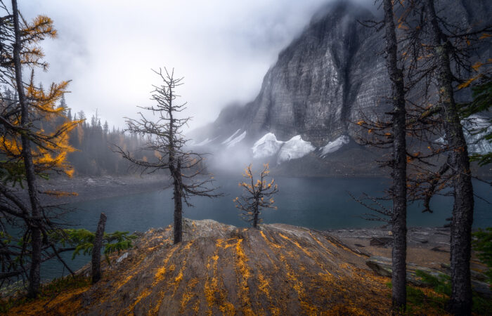 A landscape photograph of Floe Lake in Kootenay National Park on a foggy morning