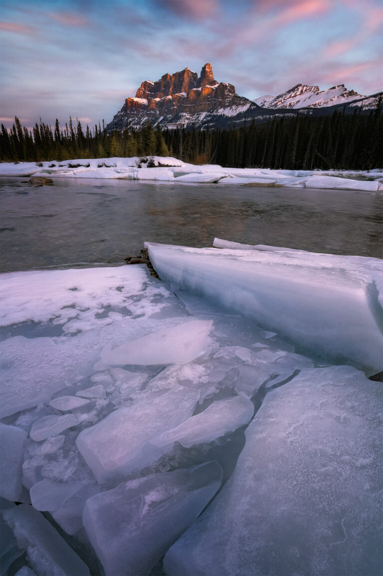 Sunrise at Castle Mountain during the winter in the Canadian Rockies