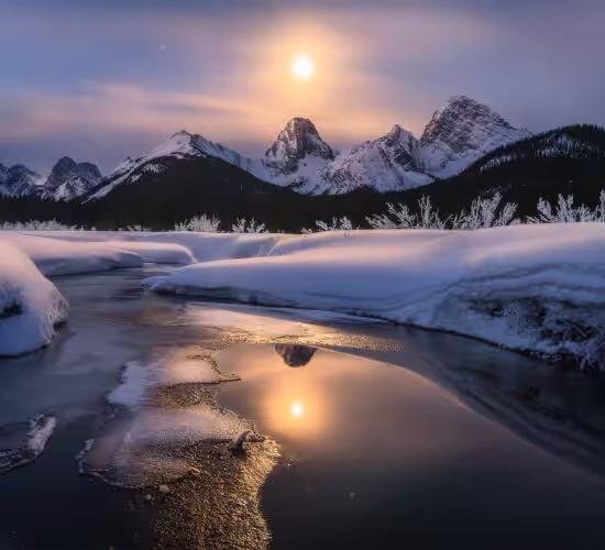 Moonrise near Engadine Lodge during the winter in Kananaskis Country