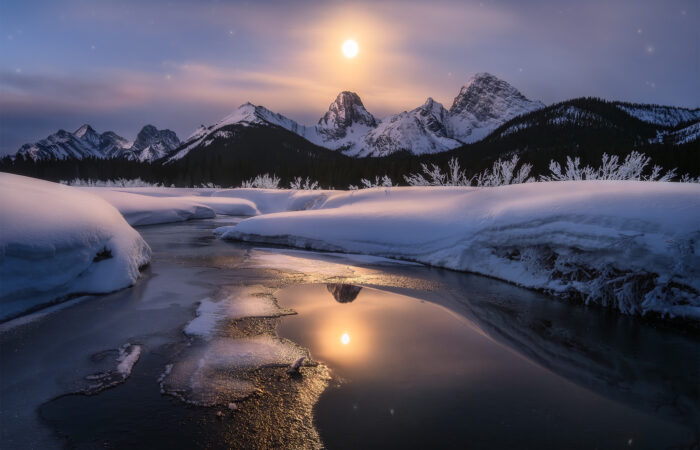Moonrise near Engadine Lodge during the winter in Kananaskis Country
