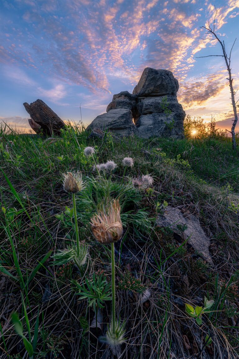 A landscape image of the rock formations of Roche Percee in Saskatchewan